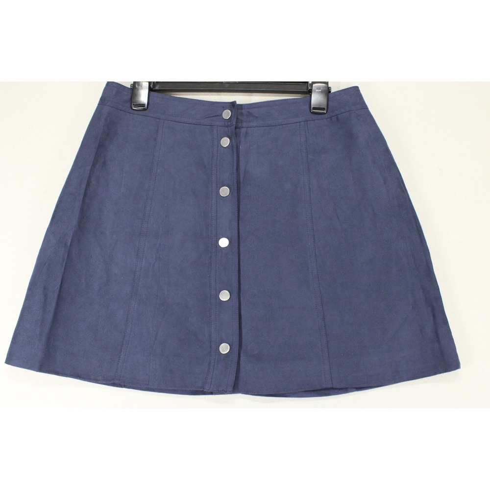 H&M Divided Faux Suede Mini Skirt Womens 10 Navy Snap Front Retro Minimalist